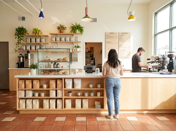 Interior of a bright coffee shop, a customer at the counter and a barista at the espresso machine, retail cubbies below the counter.