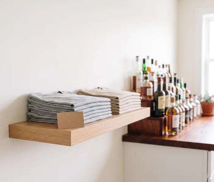 Two stacks of folded blank tees on a small merch shelf on the back wall of a bar, with the working bottle shelf further along.