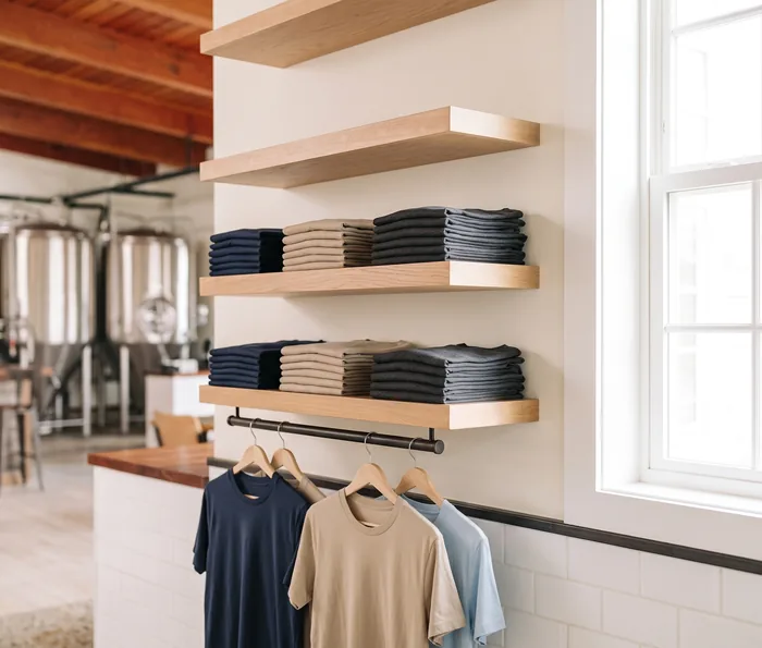 Folded tees stacked on floating wood shelves above a hang rail in a brewery taproom, fermentation tanks beyond.