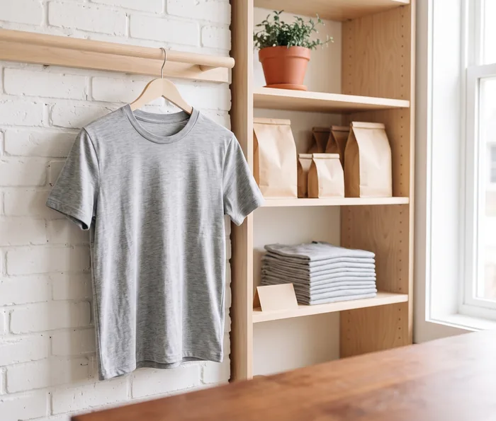 A single blank tee on a wooden hanger against white painted brick beside a coffee bar.