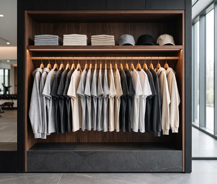 Tees and hoodies on hangers beneath a lit shelf of folded stock in a gym's built in merch niche.