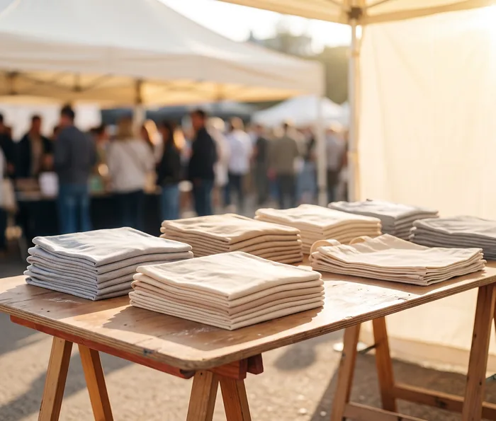 Folded tees and canvas totes laid out on a trestle table at an outdoor event booth.